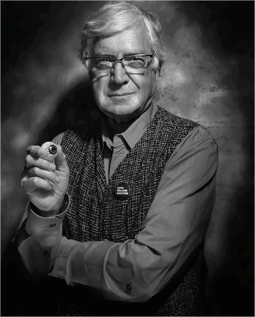 Elderly man holding object, wearing glasses.